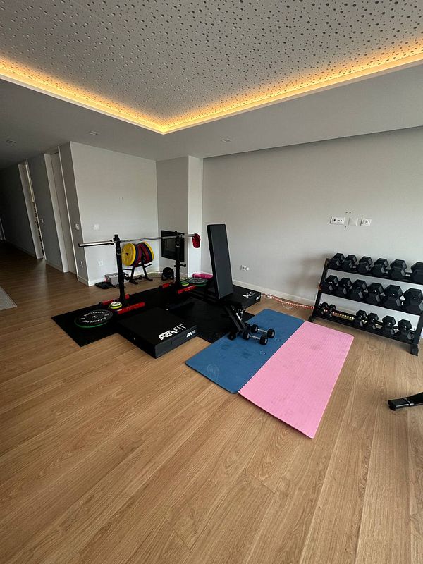 A well-equipped home gym featuring various workout equipment and weights.