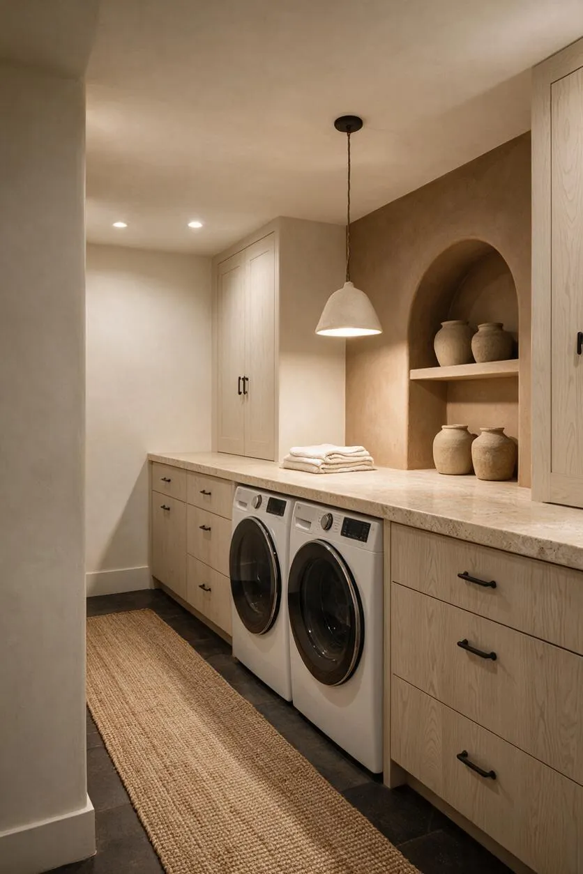A basement laundry room with light oak cabinetry, a stone-look countertop, and a pair of front-loading washer and dryer units. A woven jute runner, clay-toned arched niche with pottery, and a simple pendant light create a warm organic modern feel.