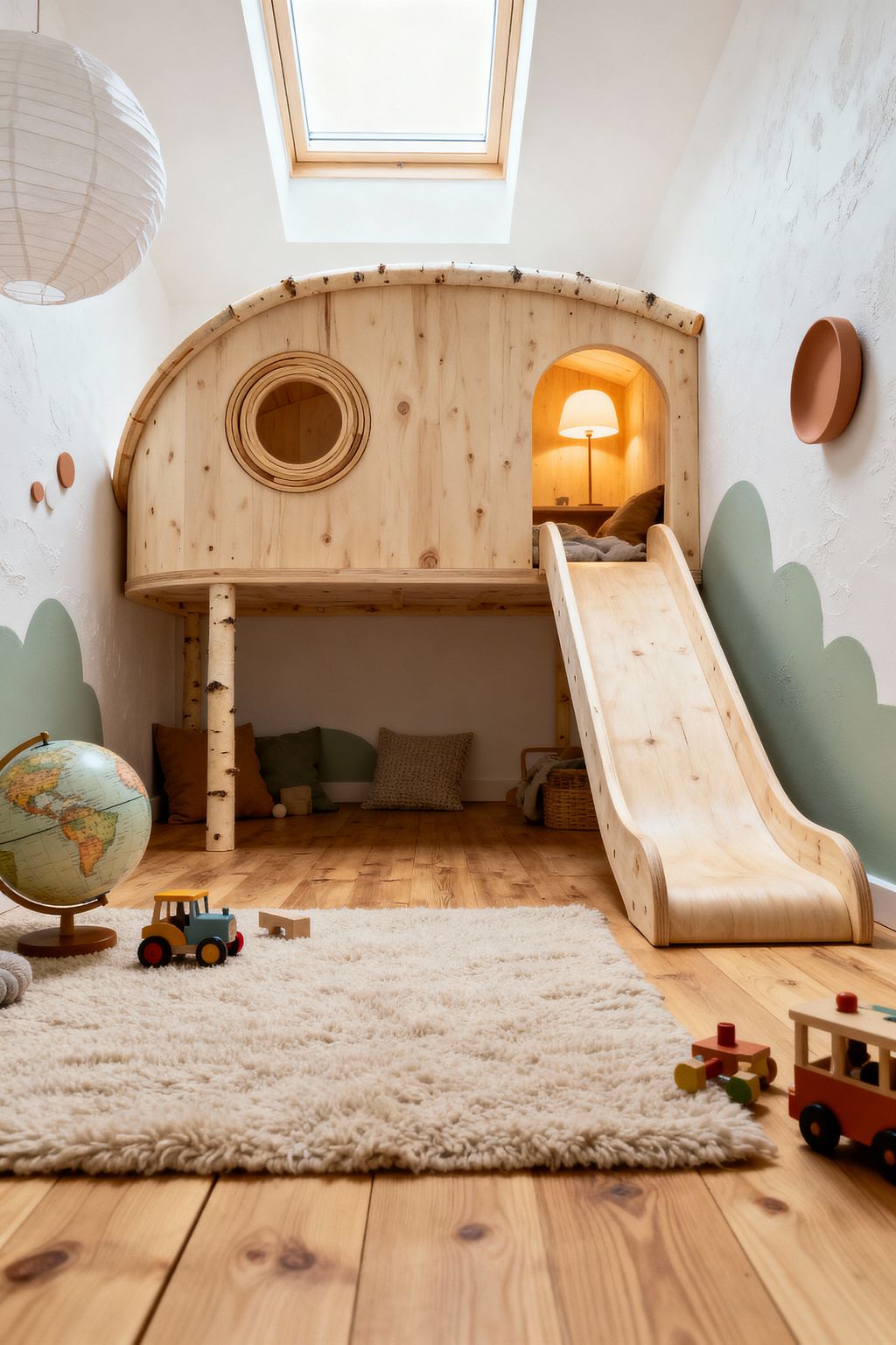 A Scandinavian-style kids’ room with a lofted pine playhouse featuring a round window, arched doorway, and a smooth wooden slide. Birch log posts support the structure, with a warm table lamp glowing inside. The space has honey-toned pine flooring, a thick cream rug, and white textured walls painted with soft sage green hills. A roof skylight and a paper lantern add light. Wooden toys, cushions, a rattan basket, and a globe sit neatly on the floor.
