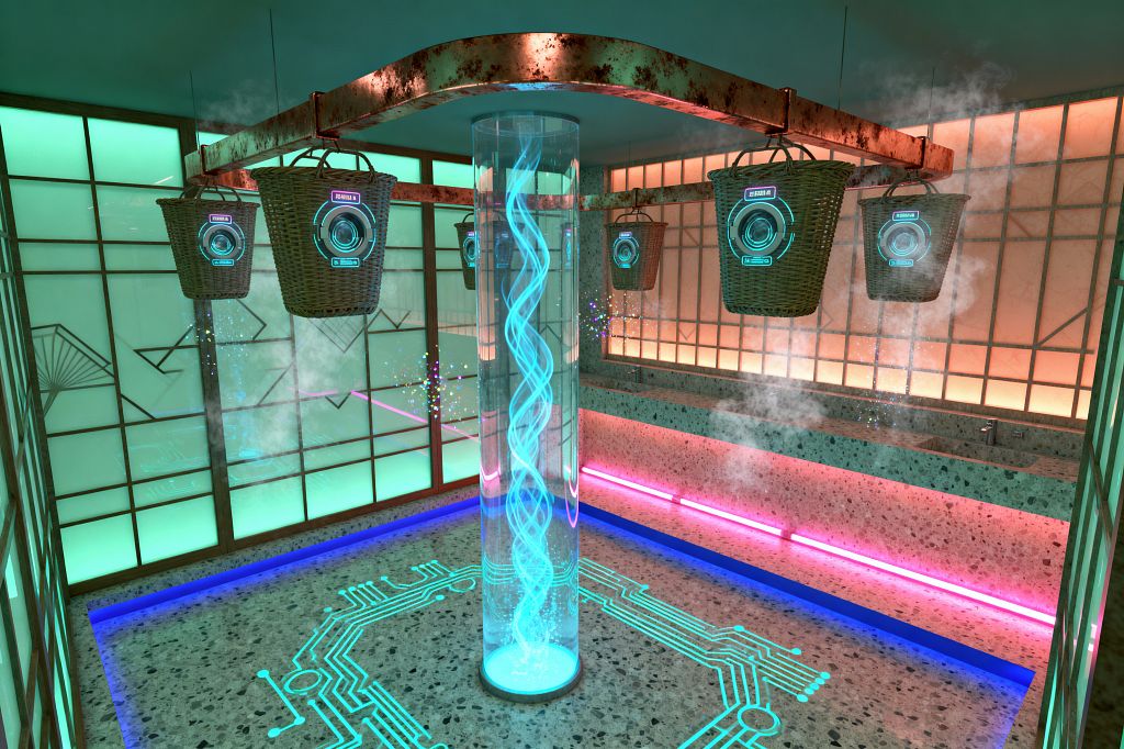 A futuristic laundry room features terrazzo floors and counters, a central glass tube with a glowing blue spiral, and wicker baskets suspended from a rusted steel rail, each showing circular digital displays. Frosted, grid-like wall panels with geometric lines glow in teal and warm amber, while magenta and blue LED strips run along edges. Light mist and scattered sparkles create a dramatic, neon-saturated atmosphere.