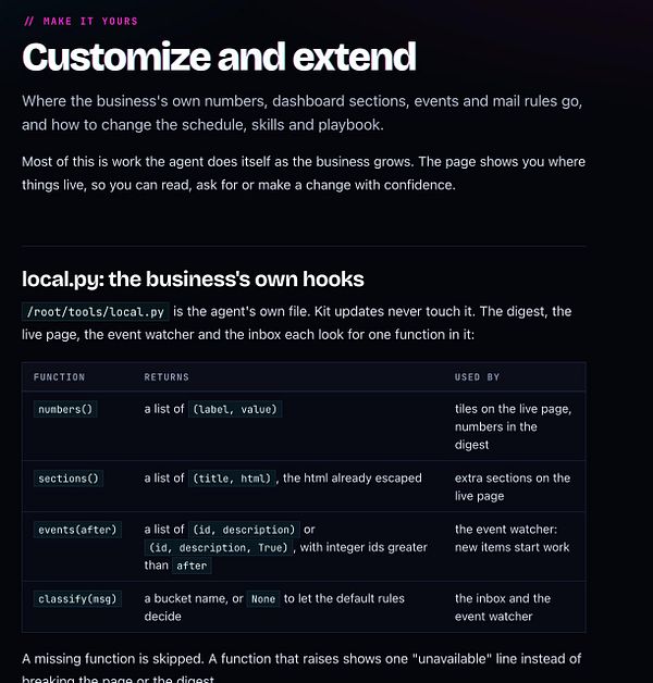 A documentation page explaining how to customize and extend a business’s agent system with specific Python hooks and their uses.