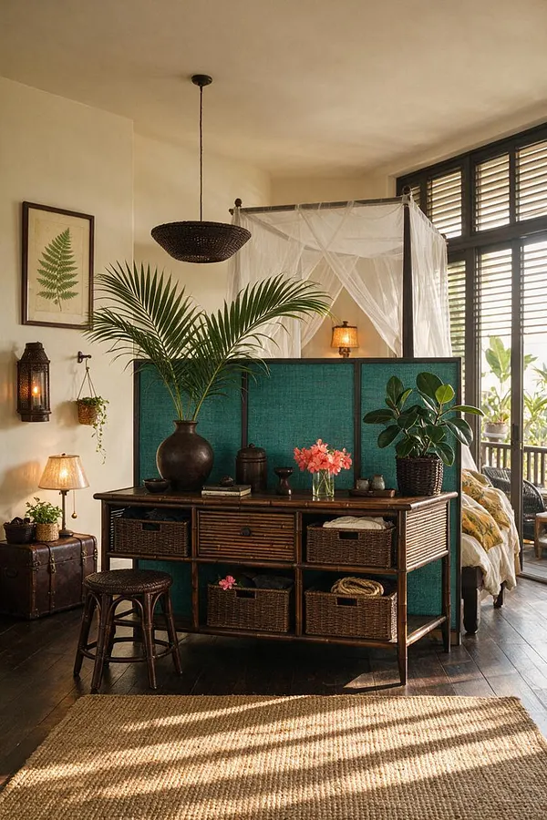 A tropical-style sunroom with dark wood floors, a woven pendant light, and a teal woven cabinet used as a room divider. The space includes palm fronds, rattan baskets, a sheer canopy, potted plants, and a woven rug, with large shuttered windows bringing in soft daylight.