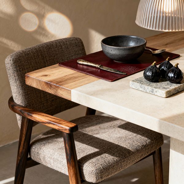 Close-up of a transitional dining vignette featuring a table with a split top of honey oak wood and pale limestone beside a walnut-framed chair upholstered in taupe tweed. A ribbed glass pendant casts warm light over a burgundy leather placemat with brass cutlery, a matte charcoal stoneware bowl, and a small speckled granite board holding three black figs, with soft sunlight on a warm beige plaster wall.