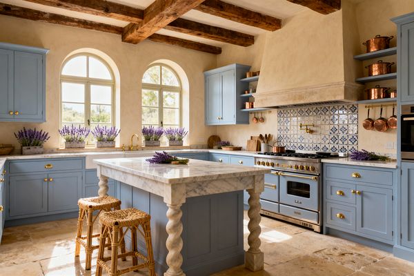 A sunlit French Country kitchen with powder-blue Shaker cabinets and brass knobs surrounds a marble-topped island supported by barley-twist legs. Arched windows, rustic wood ceiling beams, and warm cream plaster walls set the scene. A blue-and-white patterned tile backsplash sits behind a classic range with brass trim and pot filler, while copper cookware, woven rush stools, tumbled limestone floors, and potted lavender complete the inviting space.