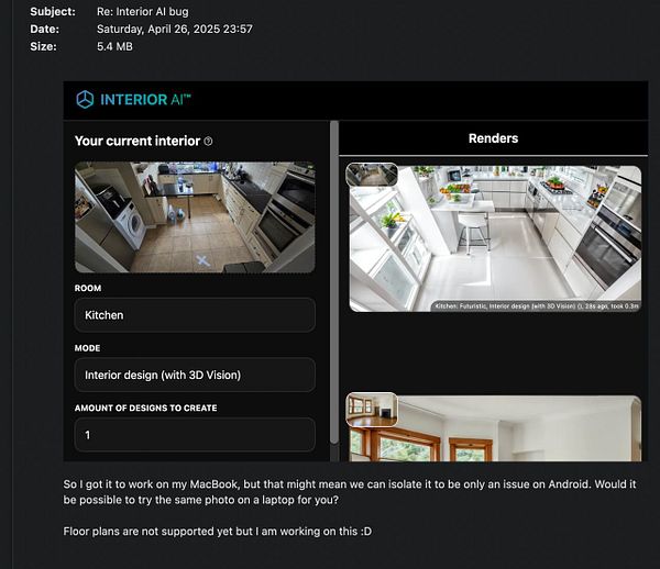 The image displays a user interface for the Interior AI application, showcasing a kitchen design task and render options.