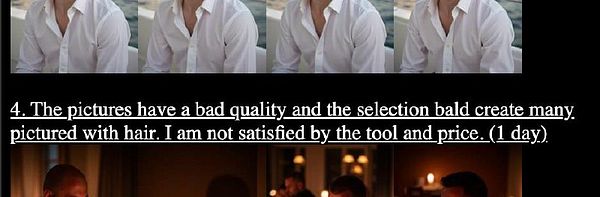 The image features a series of four photos of a man in a white shirt, accompanied by a text complaint about image quality and baldness representation.