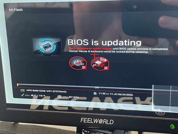 The image displays a BIOS update screen on a computer monitor.