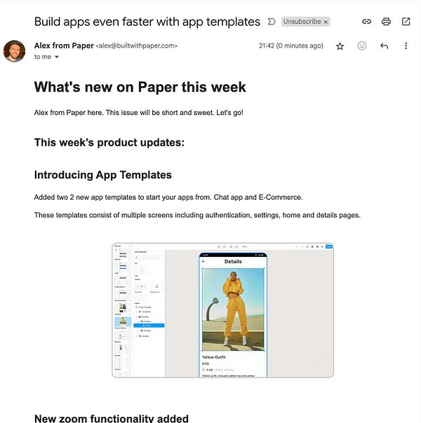 An email update from Paper introduces new app templates and features.