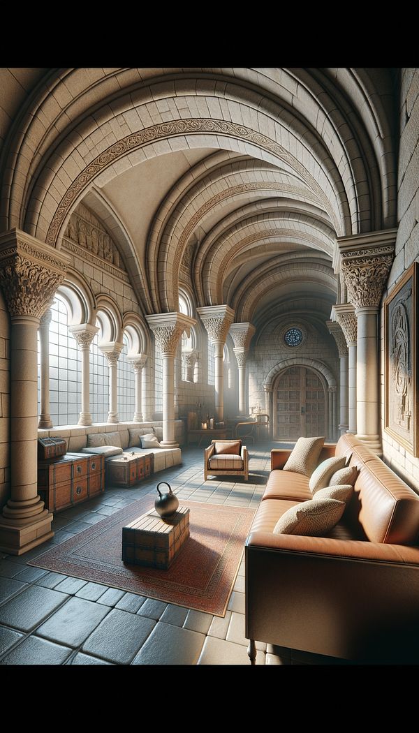 an interior showing Romanesque design elements such as semi-circular arches, thick walls, and sturdy furniture