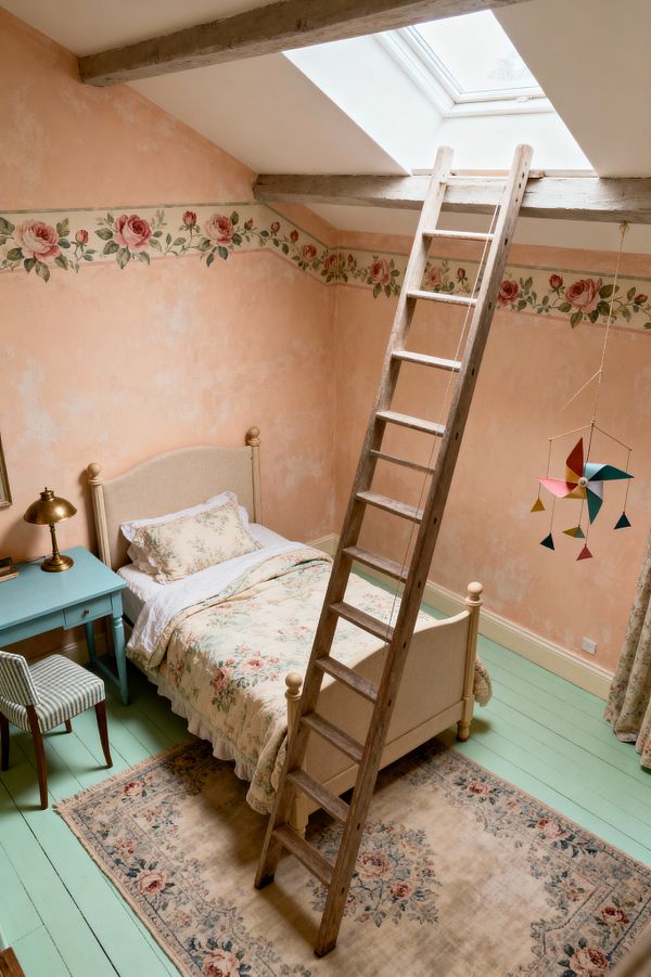 An attic kids’ room with a sloped ceiling and skylight, where a rustic wooden ladder leans past exposed beams. The walls are peach with a hand-painted rose border, and mint green floorboards contrast a faded floral rug. A single bed with a beige upholstered headboard and floral quilt sits beside a robin’s-egg blue desk holding a brass lamp and striped chair, while a colorful mobile hangs to the right.