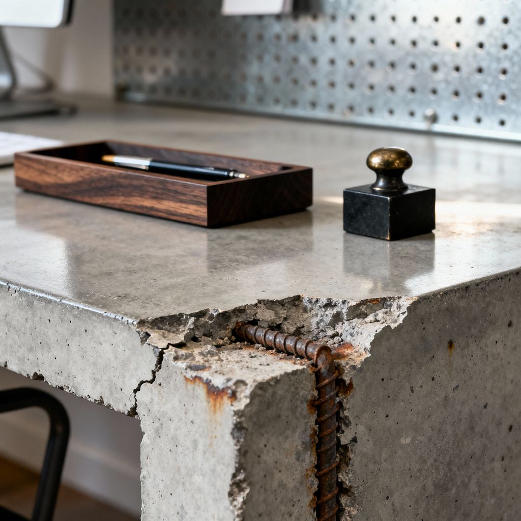 Close-up of an industrial home office desk built from polished concrete, with a chipped corner that exposes rusted steel rebar. On the smooth surface sits a rectangular dark-wood tray holding pens and a small square black paperweight topped with a brass knob. A perforated galvanized metal pegboard backs the desk, with part of a monitor and a black stool leg visible, while daylight highlights the contrasting textures.