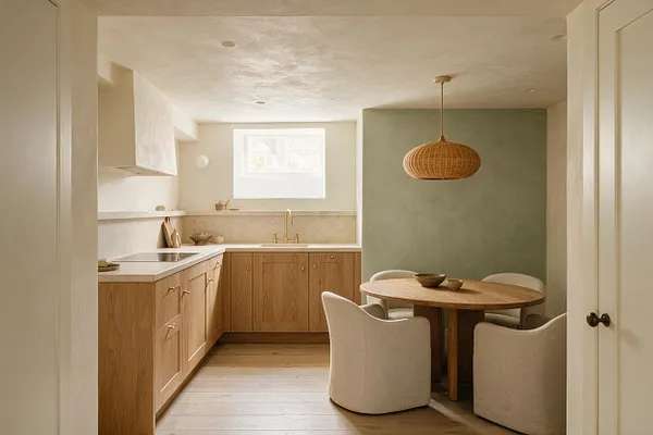 A softly lit basement kitchen and dining nook with natural wood lower cabinets, a pale stone countertop, and a round wooden table surrounded by curved upholstered chairs. A woven pendant light hangs above the table, and a muted sage accent wall adds warmth to the otherwise light, neutral space.
