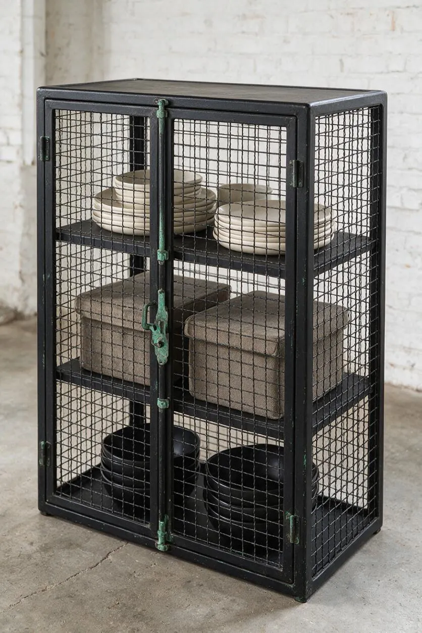 A tall black industrial-style cabinet with wire mesh sides and doors stands against a white brick wall. Inside are stacked cream plates on the top shelves, neutral storage boxes in the middle, and black bowls on the bottom shelf.