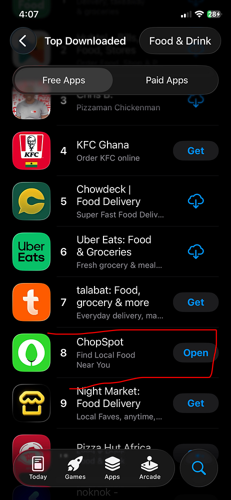 Screenshot of the App Store showing the ChopSpot app's ranking at number 8 in the Food & Drink category with user ratings and download options.