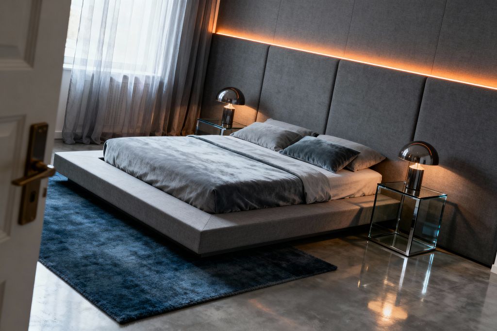 A contemporary bedroom features a low gray upholstered platform bed set against large gray fabric headboard panels. A thin horizontal strip of warm LED light runs across the headboard. Matching glass cube nightstands hold chrome dome table lamps. A deep navy rug softens a polished concrete floor, while floor-to-ceiling sheer gray curtains filter daylight from a large window, creating a minimal, symmetrical, and softly lit space.
