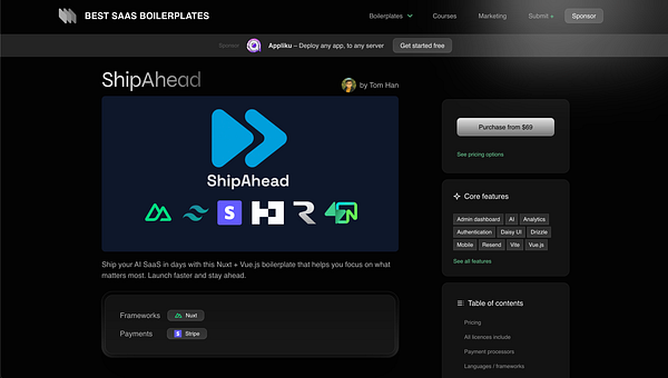 The image displays a promotional page for the ShipAhead SaaS boilerplate designed for Nuxt and Vue.js applications.
