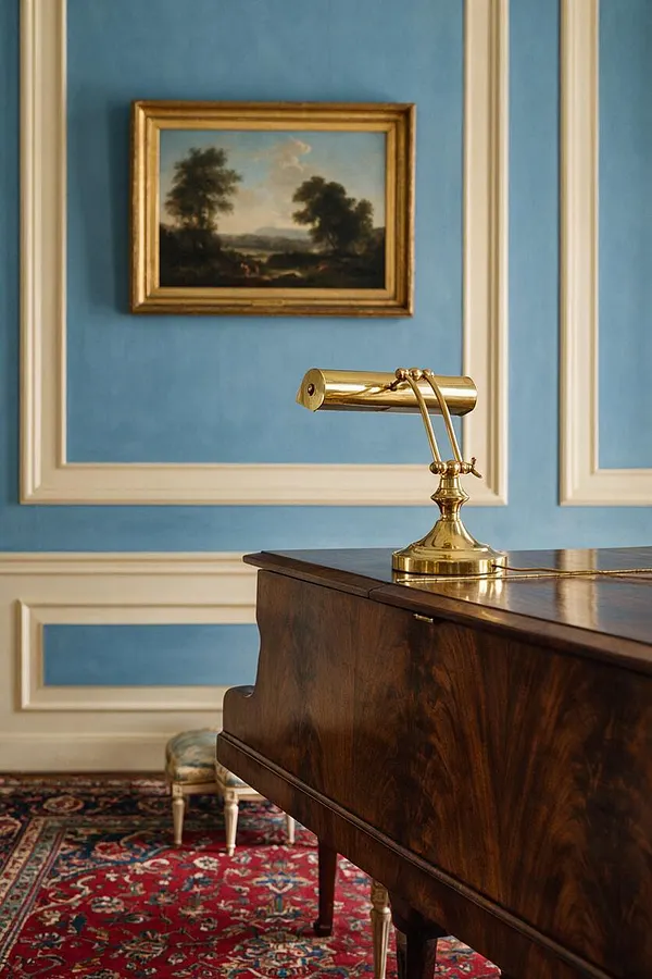 A traditional interior vignette with a dark wood grand piano in the foreground, topped by a polished brass piano lamp. The room features soft blue walls with cream paneled trim, a red patterned oriental rug, a small upholstered stool, and a framed landscape painting above the piano.