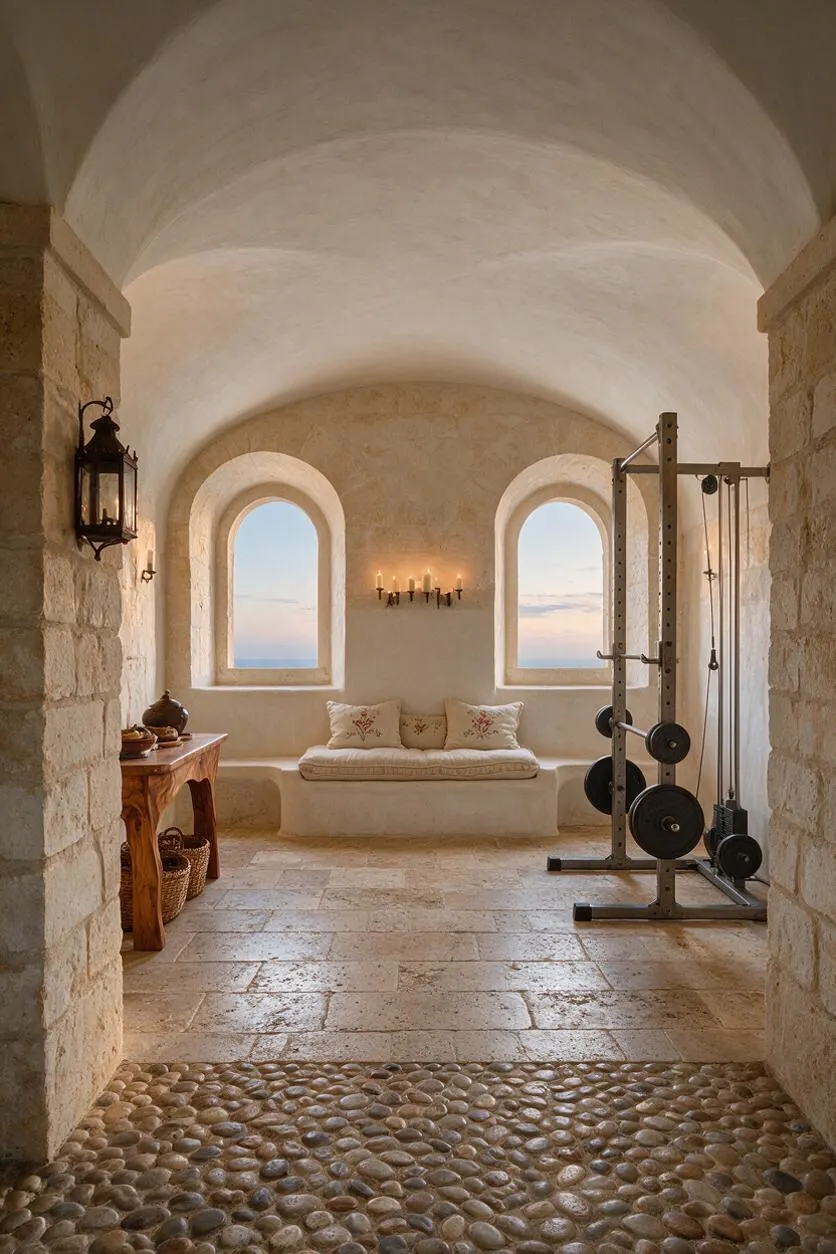 A Mediterranean-style home gym with a vaulted plaster ceiling, stone walls, arched windows, and a pale built-in bench centered between two openings overlooking the sea. A metal weight rack and cable machine stand on the right, while a rustic wood console, lantern, candle sconce, and pebble stone floor add warm, handcrafted character.
