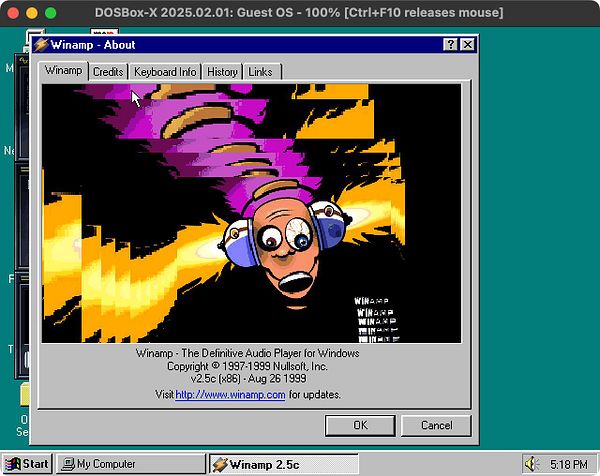 The image displays the Winamp About window on a Windows 95 interface running in DOSBox.