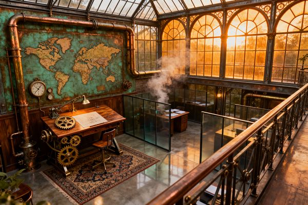 Home office set in a glass‑roofed conservatory with tall arched windows glowing at sunset. A patinated copper wall bearing a world map and exposed copper pipes faces a walnut drafting desk fitted with large brass gears and a task lamp over a patterned rug; gauges and clocks hang nearby, steam rises beside frosted glass partitions enclosing wood desks, and polished concrete floors and wrought‑iron railings complete the industrial Victorian look.