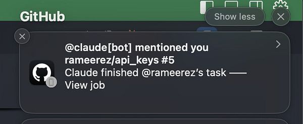 A notification from GitHub indicating that Claude Code has completed a task related to a pull request.