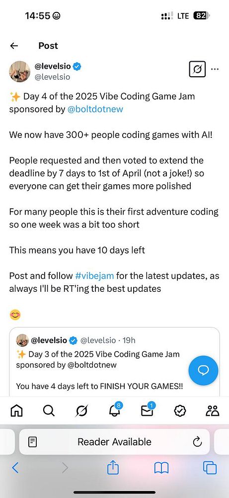A social media post announcing Day 4 of the 2025 Vibe Coding Game Jam and an extended deadline.