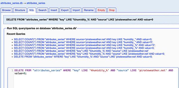The image displays a SQL interface showing queries related to humidity data from pirate-weather.net.