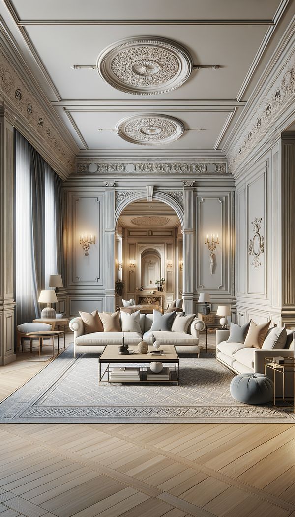 An elegant living room designed in the Neo-Classic style, featuring symmetrically arranged furniture, classical architectural elements, and a restrained color palette.