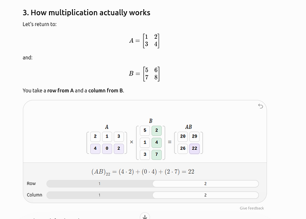 Explanation of matrix multiplication using two matrices A and B, showing detailed element-wise calculation for matrix AB.