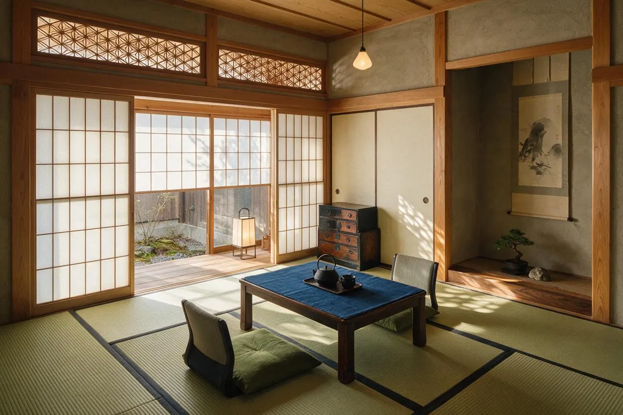 A serene Japanese Zen front porch interior with tatami mats, low seating, and shoji screens opening to a small garden. Natural wood beams, a simple hanging pendant light, and an alcove with a scroll and bonsai create a calm, minimalist atmosphere.