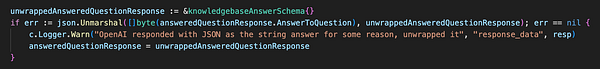 A code snippet addressing a bug related to JSON responses in a Q&A system.