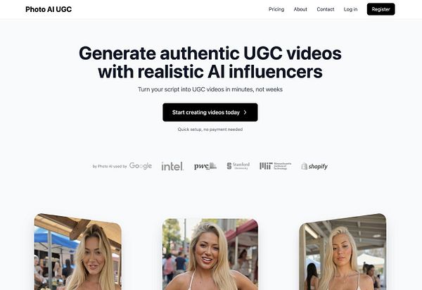 The image displays a webpage for Photo AI UGC, promoting the generation of authentic UGC videos with AI influencers.
