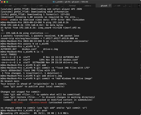 A terminal window displaying various commands and outputs related to a Git LFS operation for a Windows 95 installation.