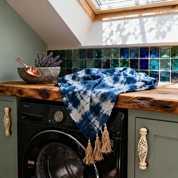 A compact laundry nook features a black front-loading washer set under a live-edge wooden countertop. Natural light from a skylight highlights a square glass mosaic backsplash in teal, aqua, and cobalt. A shibori-style indigo cloth with tassels drapes across the counter near a stone bowl holding lavender and a copper scoop, while sage green cabinetry with ornate cream pulls contributes to an eclectic, Bohemian look.