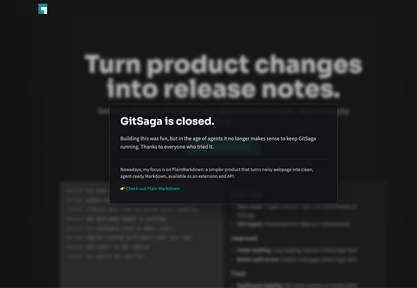 A dark-themed screenshot of the GitSaga app interface showing the message that services have been stopped and users are redirected to plainmarkdown.