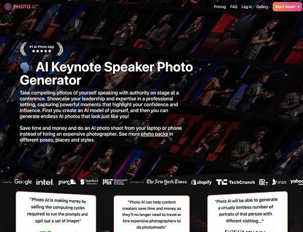 The image features a promotional webpage for an AI photo generation tool designed for keynote speakers.