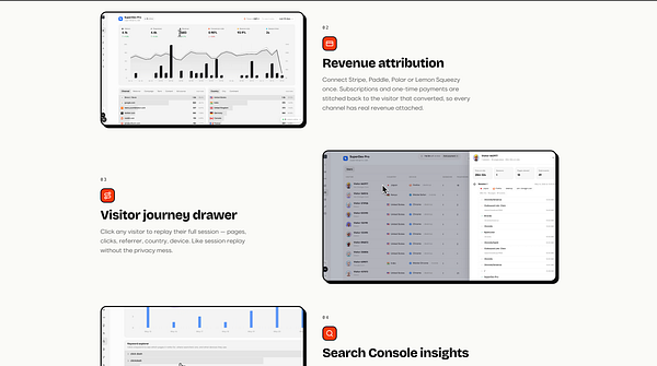 Screenshot of a privacy-focused web analytics dashboard showing website traffic trends, channels, and user sessions.