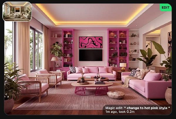 A stylish and modern living room featuring pink furniture and vibrant decor.