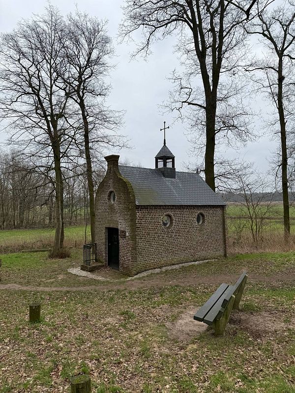 A small, quaint chapel surrounded by trees in a serene outdoor setting.
