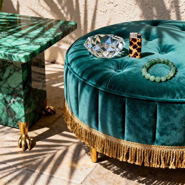 Close-up of an outdoor patio vignette featuring a round emerald-green velvet tufted ottoman with bullion fringe and brass legs. On top rests a faceted crystal dish, a jade beaded bracelet, and a tortoiseshell-patterned lighter. Beside it, a polished green marble side table with brass claw feet sits on warm travertine tiles. Sunlight casts palm leaf shadows across the stone and a pale stucco wall, creating a glamorous, vintage-inspired scene.