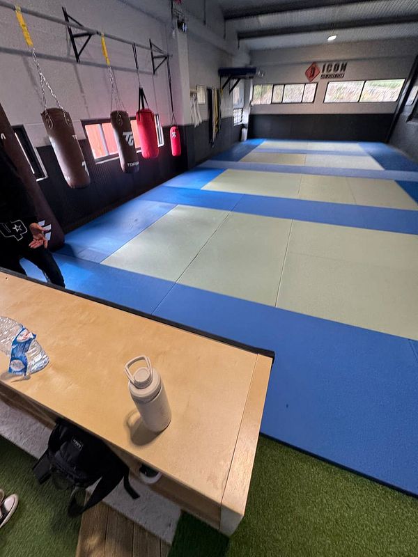 The image depicts a Brazilian Jiu-Jitsu training area with mats and training equipment.