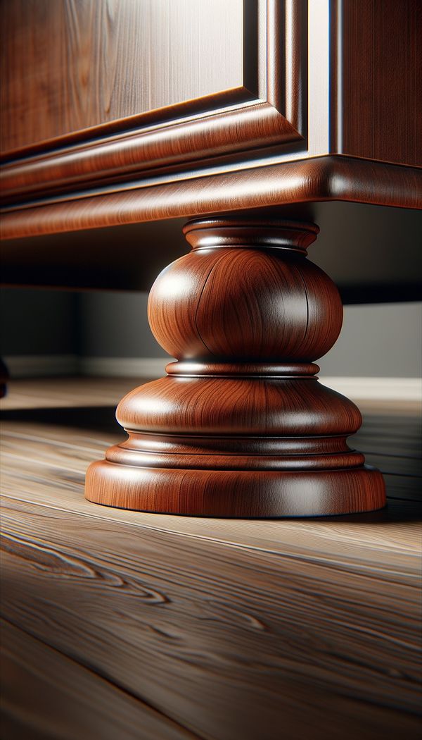 A close-up image of a wooden bun foot attached to the base of a dark wood dresser, showcasing its rounded and slightly flattened shape.