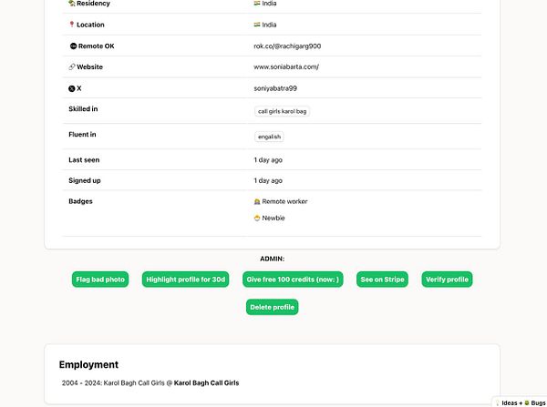 The image displays a user profile interface with various personal and professional details.