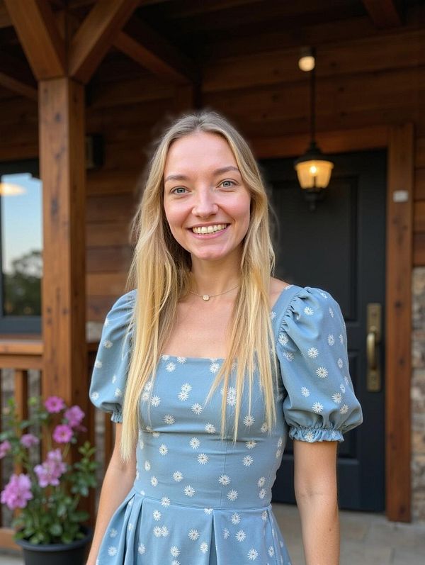 A smiling woman stands in front of a wooden house, wearing a light blue dress with floral patterns.