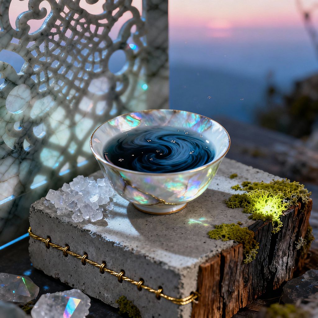 On a patio, an iridescent, mother-of-pearl ceramic bowl filled with inky, swirling liquid sits atop a block combining cast concrete and a weathered wood edge bound with brass wire. Beside it are clear quartz-like crystals and tufts of chartreuse moss glowing subtly. A white marble lattice screen casts patterned shadows, while a soft seaside sunset blurs in the background, scattering prismatic light across the scene.