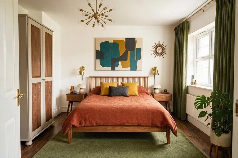 A Mid-Century Modern bedroom in the Rust and Mustard palette: warm white, rust, mustard, teak, and olive