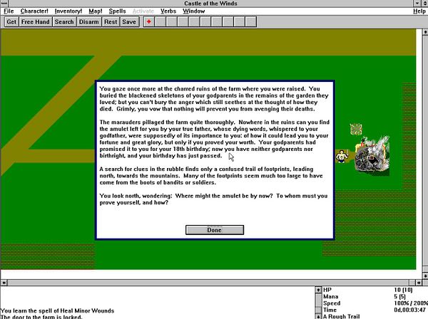 The image displays a scene from the game 'Castle of the Winds' featuring a narrative text box and a game interface.