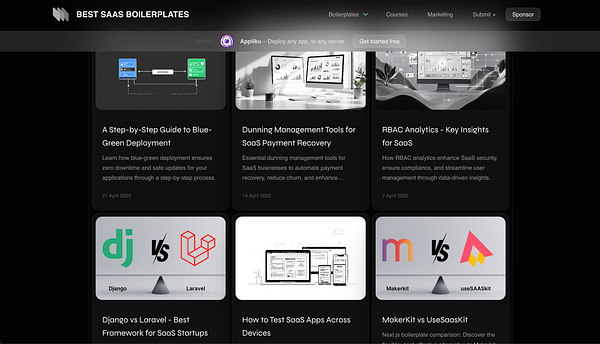 The image displays a grid layout of blog posts related to SaaS boilerplates.