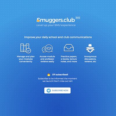 The image features a landing page design for the website smuggers.club, highlighting its features and subscription information.