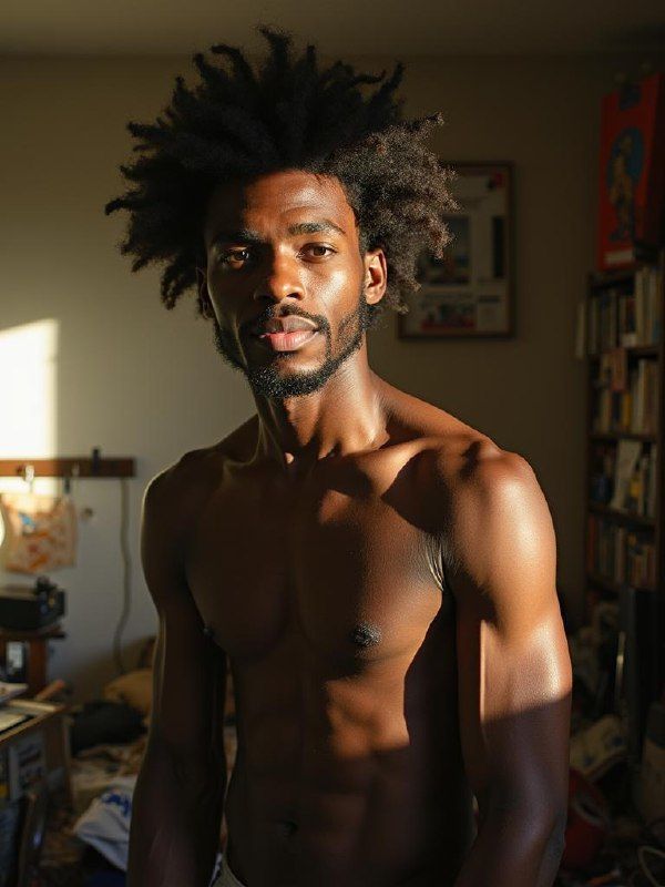 A shirtless man with natural hair stands in a sunlit room, showcasing his physique.